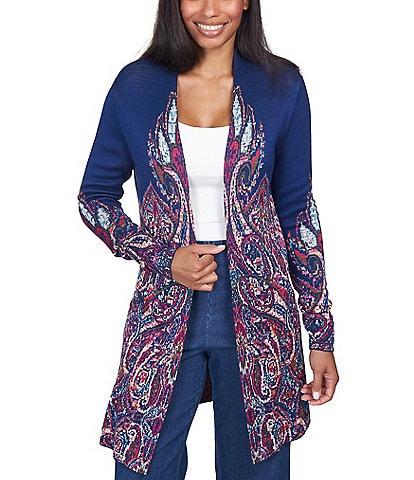 Ruby Rd. Kaleidoscope Scroll Placement Print Long Sleeve Open Front Long Cardigan