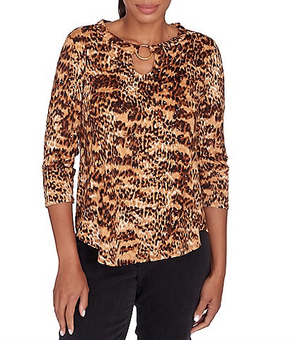 Ruby Rd. Knit Animal Print Keyhole Ring Detail 3/4 Sleeve Dew Drop Accent Top