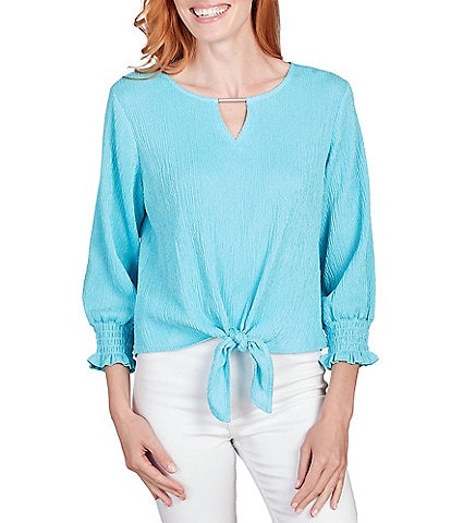 Ruby Rd. Knit Bar Detail Keyhole Neck 3/4 Sleeve Tie-Front Top