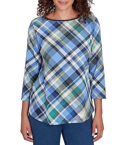 Ruby Rd. Knit Bias Plaid Print Boat Neck 3/4 Sleeve Top