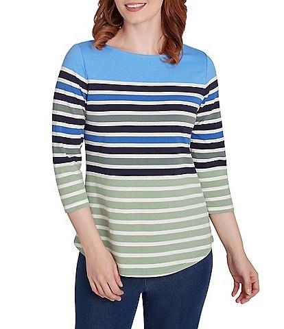 Ruby Rd. Knit Chalet Stripe Print Boat Neck 3/4 Sleeve Top