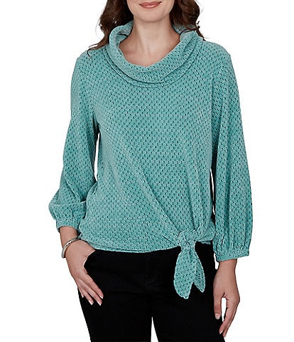 Ruby Rd. Knit Chenille Honeycomb Cowl Neck 3/4 Sleeve Side Tie Top