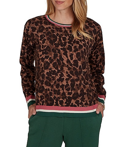 Ruby Rd. Knit Contrast Trim Cheetah Print Boat Neck Long Sleeve Sweater