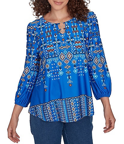 Ruby Rd. Knit Diamond Border Print Split V-Neck 3/4 Puff Sleeve Top