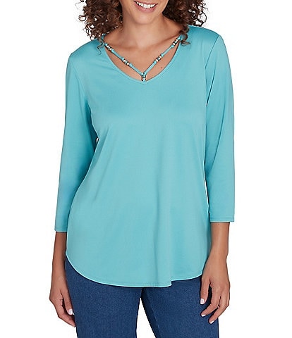 Ruby Rd. Knit Embellished Scoop Neck 3/4 Sleeve Solid Top