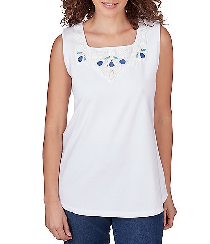 Ruby Rd. Knit Embroidered Square Neck Sleeveless Embellished Top
