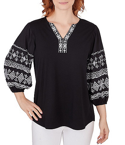 Ruby Rd. Knit Embroidered Y-Neck 3/4 Balloon Sleeve Top