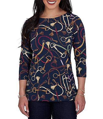 Ruby Rd. Knit Equestrian Tassel Allover Print Boat Neck 3/4 Sleeve Top