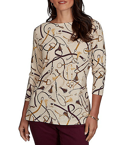 Ruby Rd. Knit Equestrian Tassel Allover Print Boat Neck 3/4 Sleeve Top