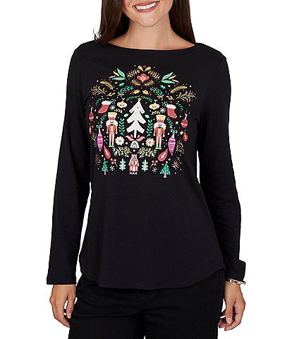 Ruby Rd. Knit Festive Nutcracker Boat Neck Long Sleeve Top