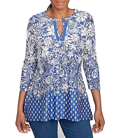 Ruby Rd. Knit Floral Border Print Keyhole Neck 3/4 Sleeve Top