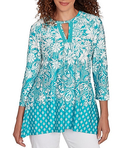 Ruby Rd. Knit Floral Border Print Keyhole Neck 3/4 Sleeve Top