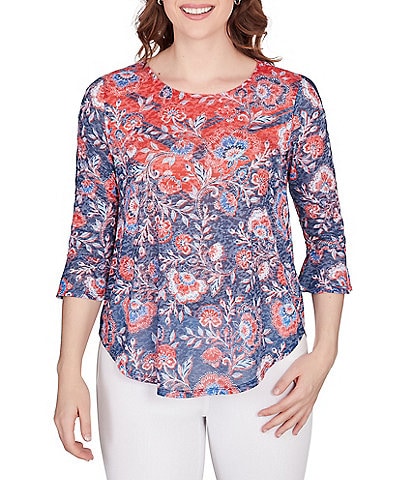 Ruby Rd. Knit Floral Crew Neck 3/4 Ruffle Sleeve Lace Insert Detail Rounded Hem Top