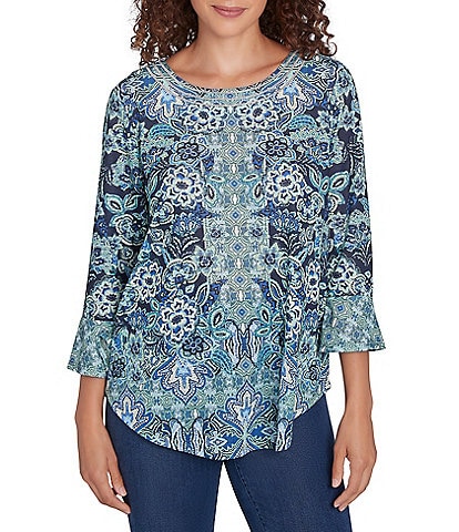 Ruby Rd. Knit Floral Embellished Scoop Neck 3/4 Sleeve Top