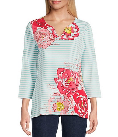 Ruby Rd. Knit Floral Embroidered Split Neck 3/4 Sleeve Top