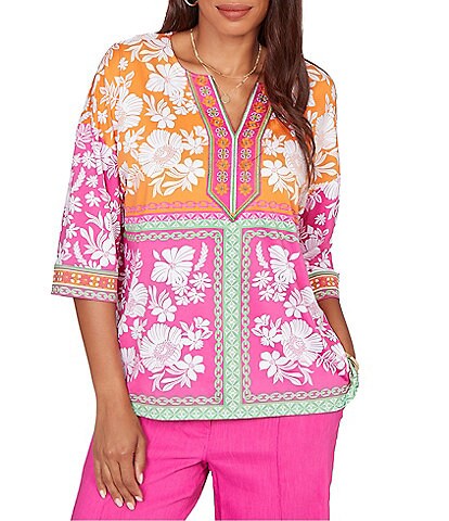 Ruby Rd. Knit Floral Patchwork Print V-Neck 3/4 Sleeve Top