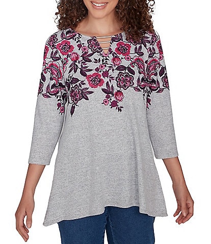 Ruby Rd. Knit Floral Vine Split V-Neck 3/4 Sleeve Top