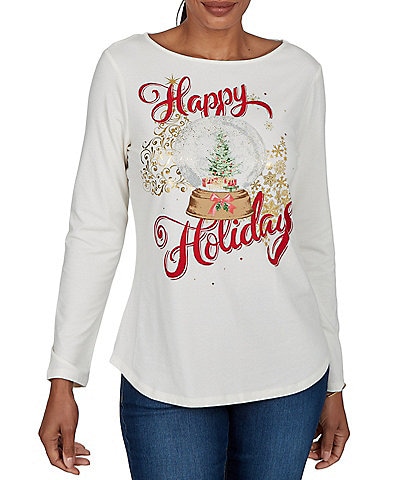 Ruby Rd. Knit Happy Holiday Snow Globe Boat Neck Long Sleeve Top
