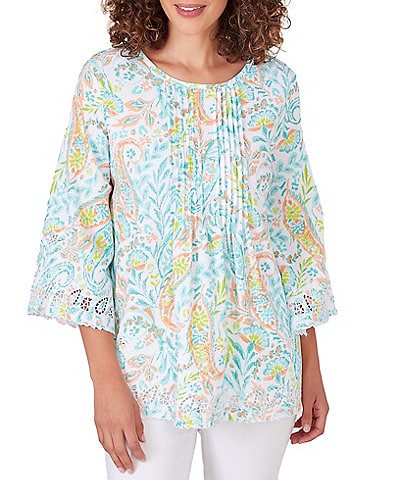 Ruby Rd. Knit Ikat Paisley Crew Neck 3/4 Sleeve Embroidered Top