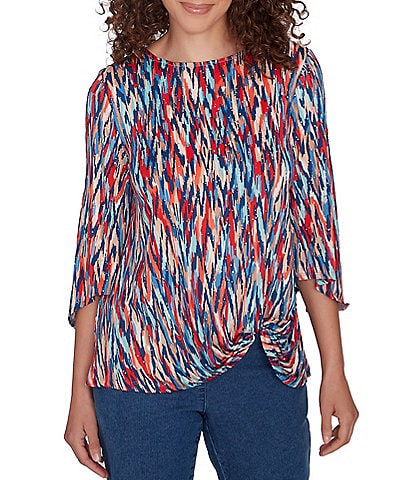 Ruby Rd. Knit Ikat Print Crew Neck 3/4 Sleeve Twist Front Hem Dew Drop Accent Detail Top