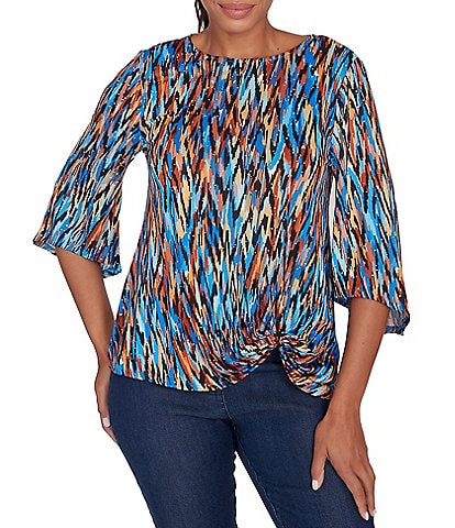 Ruby Rd. Knit Ikat Print Crew Neck Gathered Front Hem 3/4 Sleeve Top