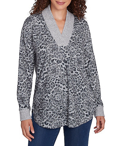 Ruby Rd. Knit Leopard Contrast Trim V-Neck Long Sleeve Top