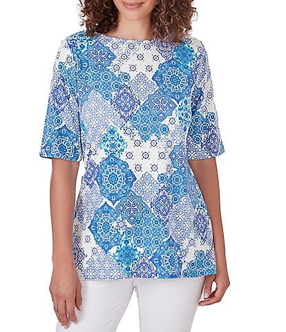 Ruby Rd. Knit Medallion Print Boat Neck 3/4 Sleeve Top