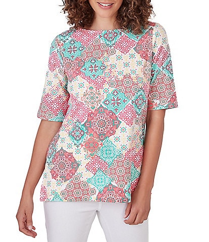 Ruby Rd. Knit Medallion Print Boat Neck 3/4 Sleeve Top