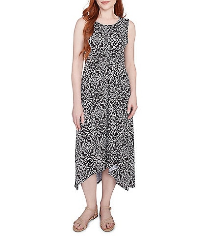 Ruby Rd. Knit Medallion Print Scoop Neck Sleeveless Hi-Low Hem Dress