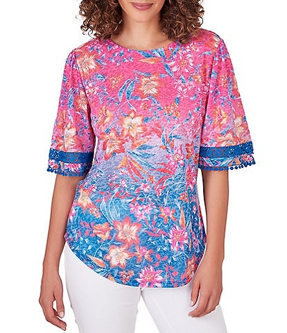 Ruby Rd. Knit Ombre Floral Crew Neck Lace Inset Pom-Pom Hem Short Sleeve Top