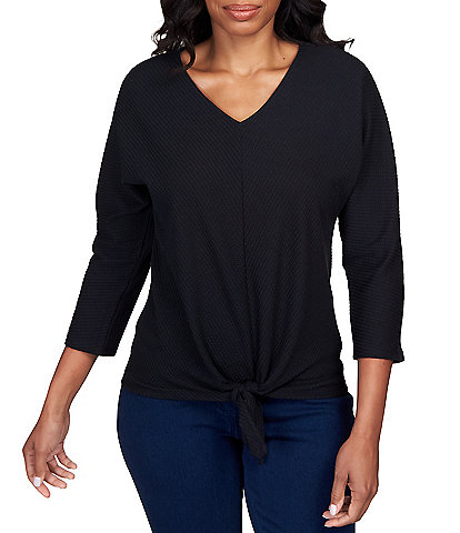 Ruby Rd. Knit Ottoman V-Neck 3/4 Sleeve Tie Front Shirt