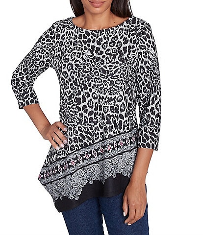 Ruby Rd. Knit Leopard Paisley Border Print Ballet Neck 3/4 Sleeve Top