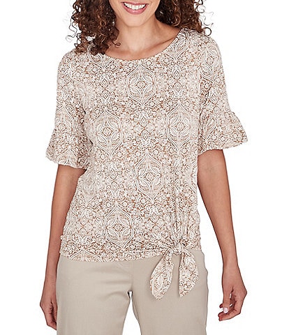 Ruby Rd. Knit Paisley Print Crew Neck Short Sleeve Tie-Side Top