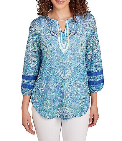 Ruby Rd. Knit Paisley Print Keyhole Bar Detail 3/4 Sleeve Lace Inset Trim Top