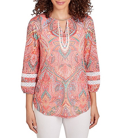 Ruby Rd. Knit Paisley Print Keyhole Neck 3/4 Sleeve Lace Inset Top