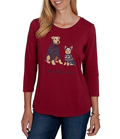 Ruby Rd. Knit Pawsitive Charming Dogs Scoop Neck 3/4 Sleeve Top