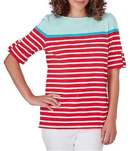 Ruby Rd. Knit Stripe Boat Neck Elbow Roll-Tab Sleeve Side Slit Top