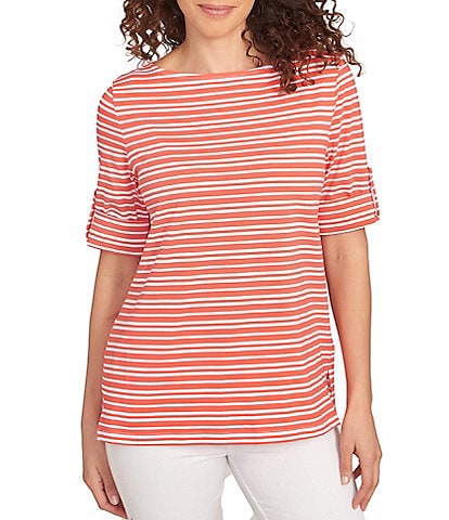 Ruby Rd. Knit Stripe Boat Neck Short Roll-Tab Sleeve Top