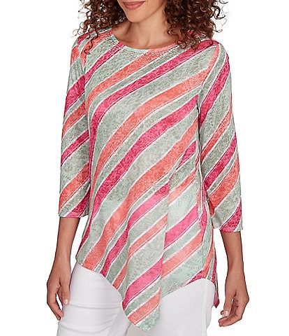 Ruby Rd. Knit Stripe Crew Neck 3/4 Sleeve Asymmetric Hem Top