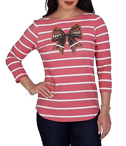 Ruby Rd. Knit Stripe Football Bow Boat Neck 3/4 Sleeve Tee