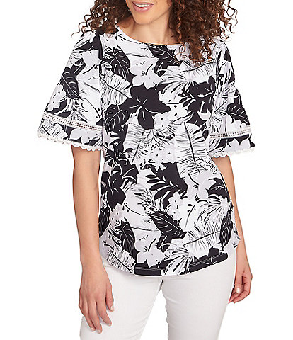 Ruby Rd. Knit Tropical Paradise Print Crew Neck Short Sleeve Top
