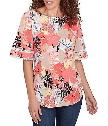 Ruby Rd. Knit Tropical Paradise Print Crew Neck Short Sleeve Top