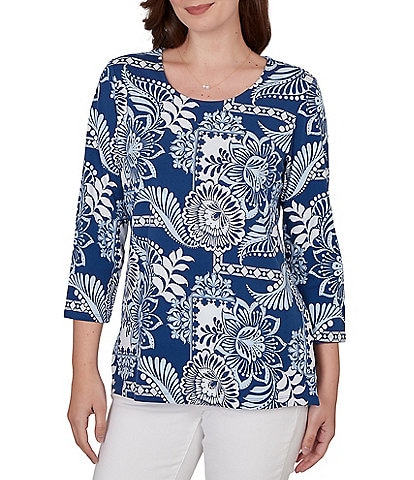 Ruby Rd. Knit Tropical Patchwork Print Scoop Neck 3/4 Sleeve Top