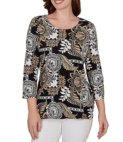 Ruby Rd. Knit Tropical Patchwork Print Scoop Neck 3/4 Sleeve Top