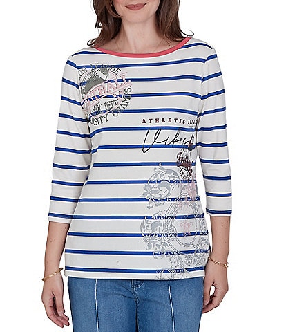 Ruby Rd. Knit Varsity Stripe Floral Placement Scoop Neck 3/4 Sleeve Tee