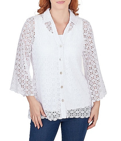 Ruby Rd. Lace Point Collar 3/4 Sleeve Scallop Edge Button-Front Shirt