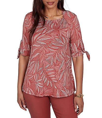 Ruby Rd. Leaf Print Square Neck Elbow Tie Sleeve Top