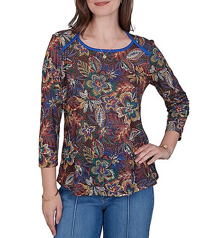 Ruby Rd. Light Weight Knit Textured Floral Scoop Neck 3/4 Sleeve Top
