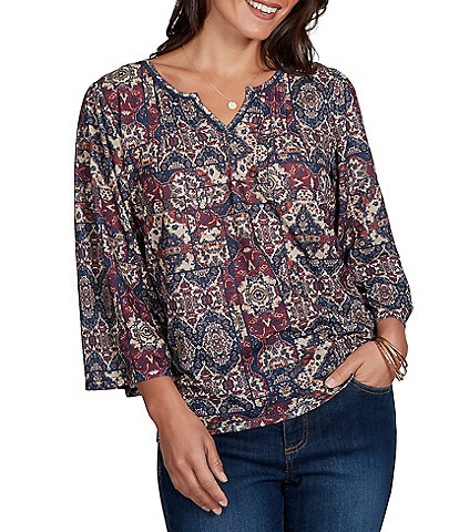 Ruby Rd. Light Weight Slub Knit Patchwork Tapestry Split V-Neck 3/4 Sleeve Top