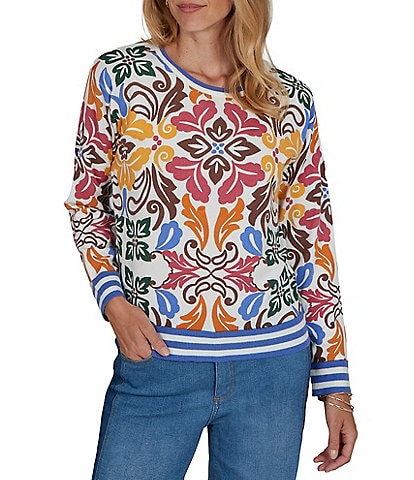 Ruby Rd. Lightweight Knit Bold Floral Striped Trim Boat Neck Long Sleeve Sweater